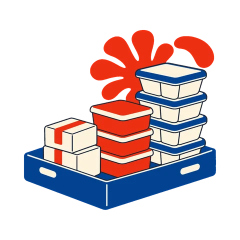 Illustration of cake boxes stacked to different heights beside a flower bucket, like bars on a chart.